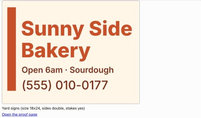 The complete Sunny Side Bakery proof appears inside ChatGPT with an Open the proof page link