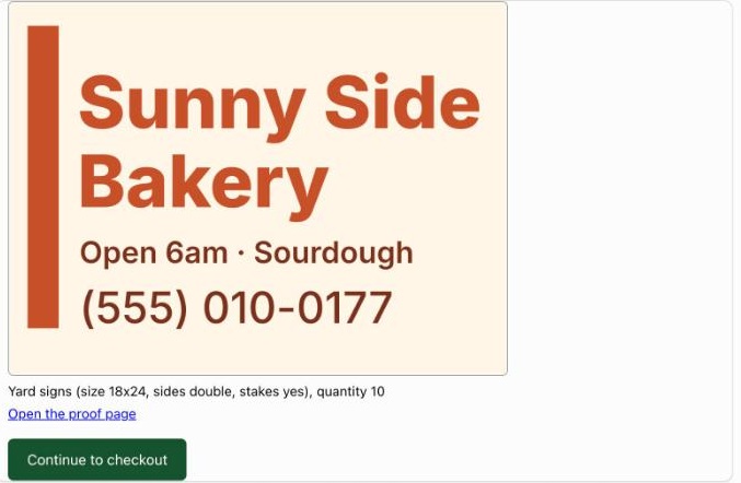 The approved bakery proof shows quantity 10 and the Continue to checkout button