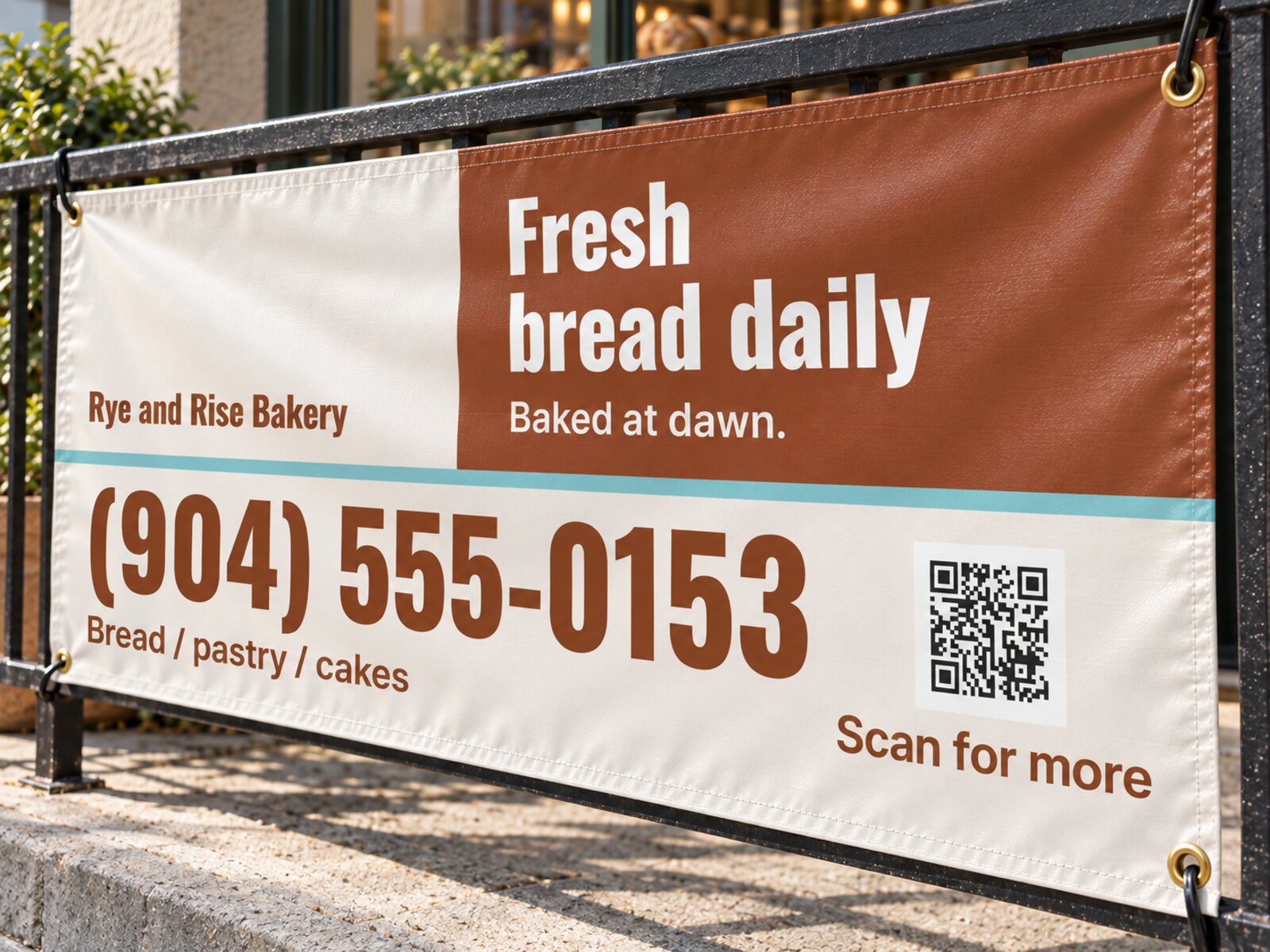 A 2 by 4 foot vinyl banner for Rye and Rise Bakery hung on the railing outside the shop: Fresh bread daily, a large phone number and a QR code marked Scan for more