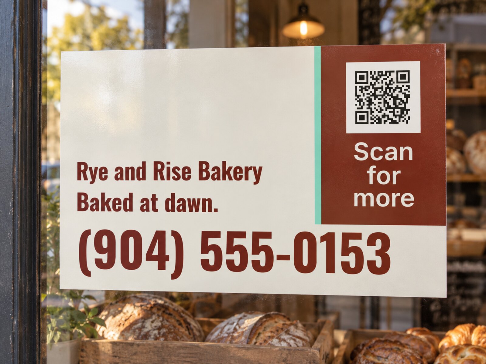A Rye and Rise Bakery window decal in the shop window, with the phone number (904) 555-0153 and a scan code marked Scan for more