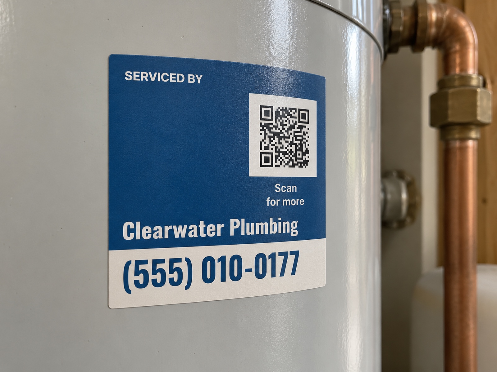A 3 by 3 inch Clearwater Plumbing service label on a water heater: Serviced by, the company name, phone number and a QR code