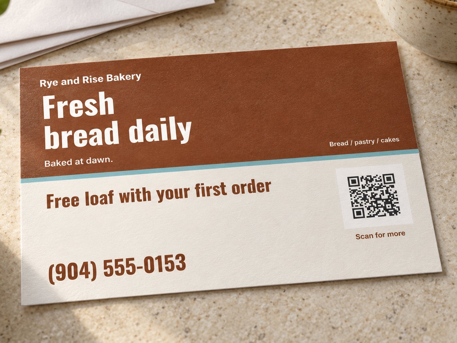 A 6 by 9 inch Rye and Rise Bakery postcard on a kitchen counter next to the mail and a coffee: Fresh bread daily, Free loaf with your first order, phone number and a QR code