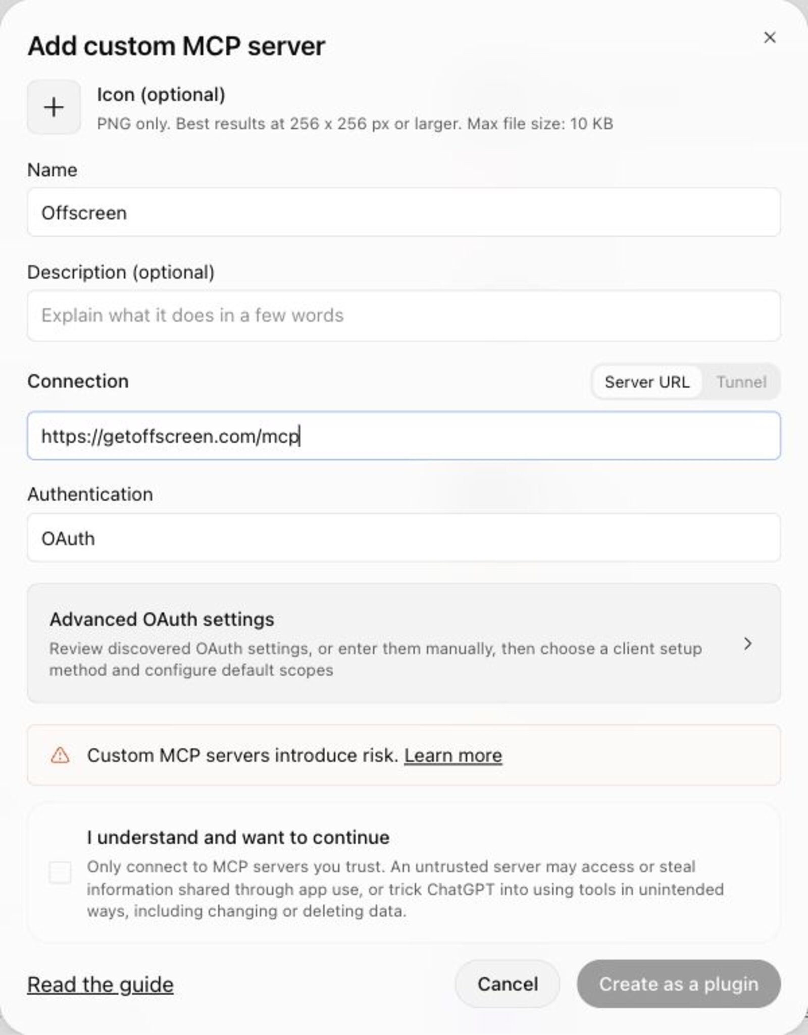 The Add custom MCP server form with the name Offscreen and the address https://getoffscreen.com/mcp