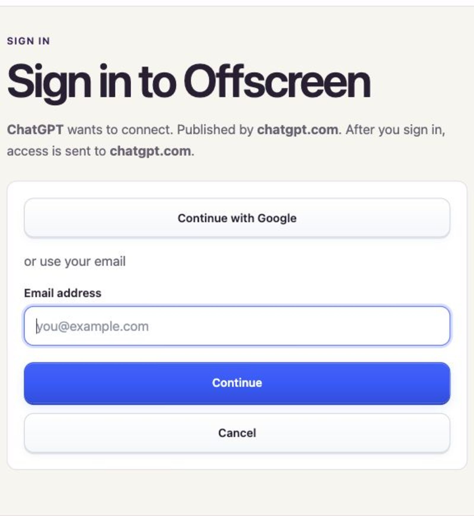 The Sign in to Offscreen page opened from ChatGPT, with Continue with Google and an email field