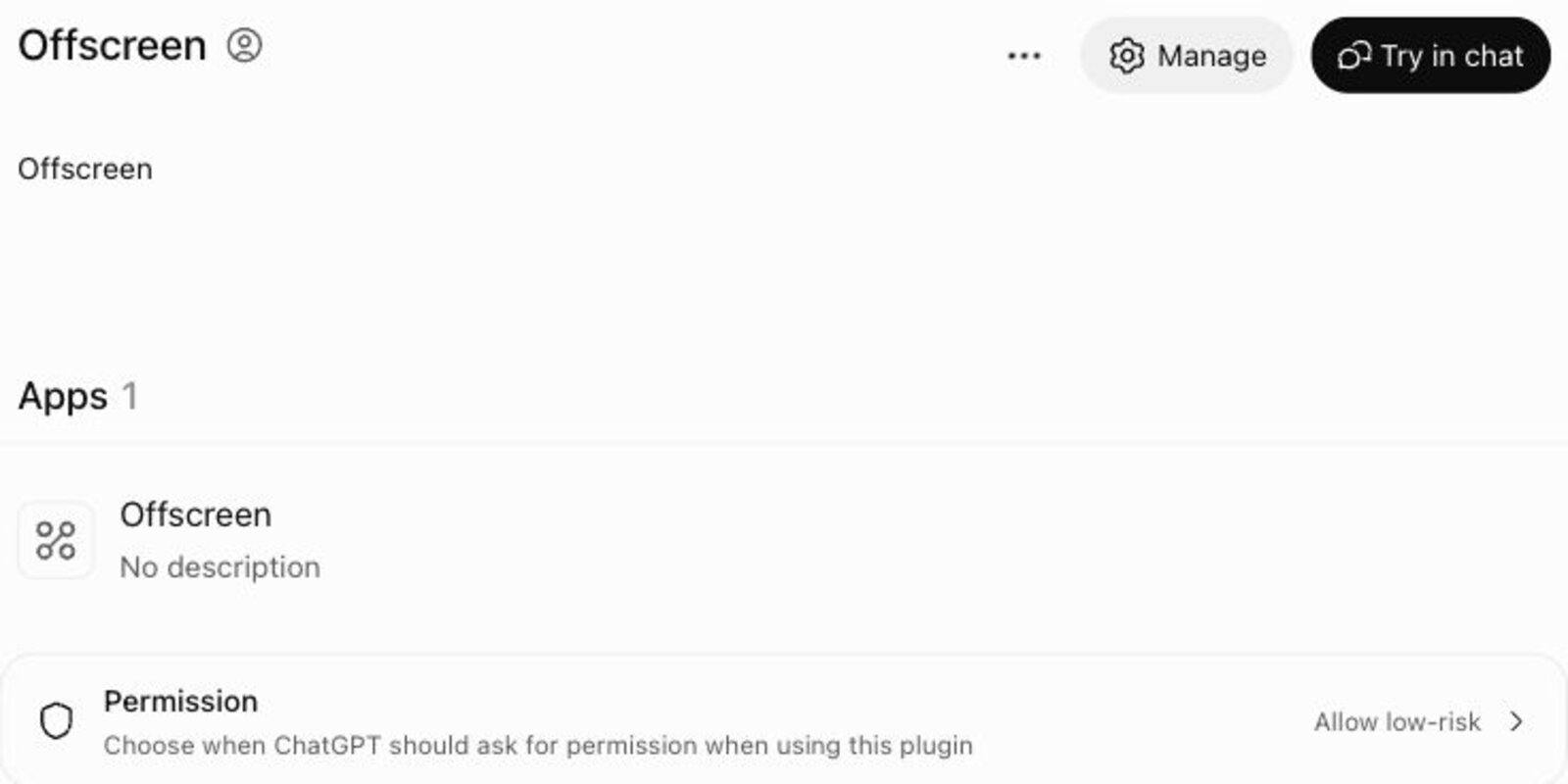 Offscreen listed in ChatGPT plugins, with the Try in chat button
