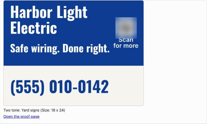 The proof card for design 2, a Harbor Light Electric yard sign, with a link to open the proof page