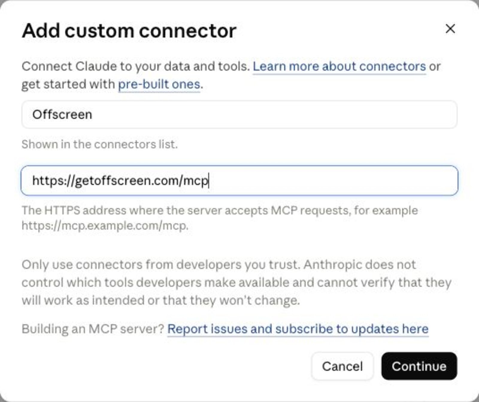 The Add custom connector dialog in Claude with the name Offscreen and the address https://getoffscreen.com/mcp