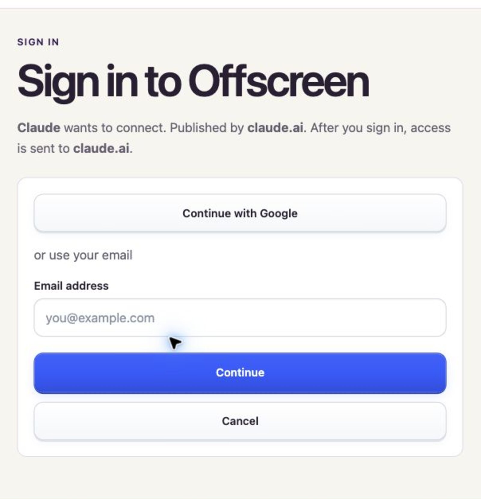 The Sign in to Offscreen page opened from Claude